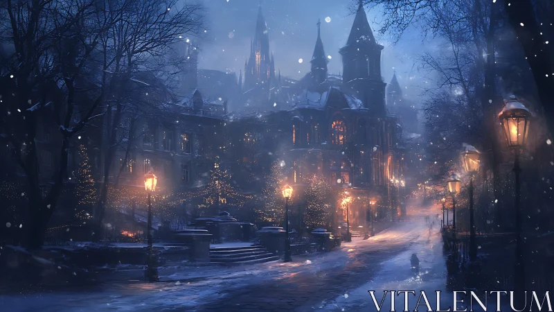 Snowlit cathedral street hums with midnight winter hush.