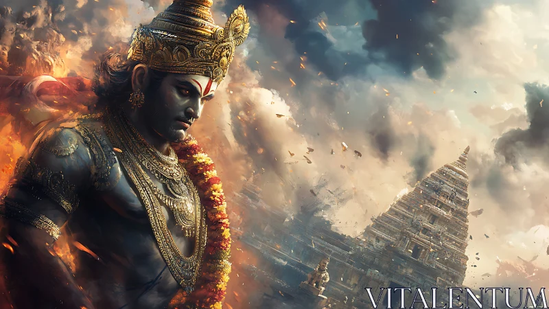 Digital warrior figure stands before temple under storm clouds