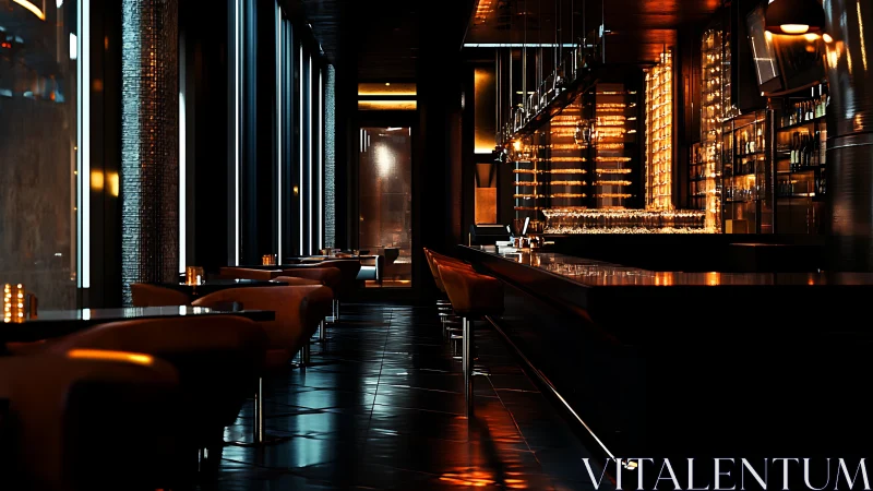 Moody modern cocktail bar with glowing backlit shelves.