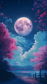 Luminous supermoon above lakeside path and sakura glow.