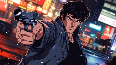 Gunman in neon cityscape under dramatic night rainfall.