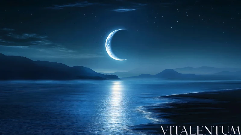 Crescent moon illuminates calm ocean and distant mountains