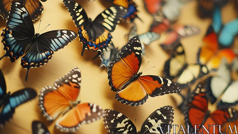 Vibrant butterfly collection on warm wood background.