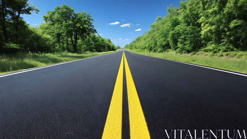 Freshly paved country highway stretches beneath blue sky.