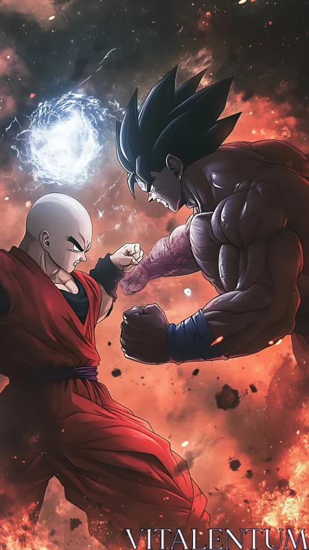 Explosive anime duel amid swirling cosmic firestorm.