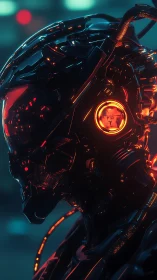 Futuristic cybernetic helmet with illuminated visor in profile