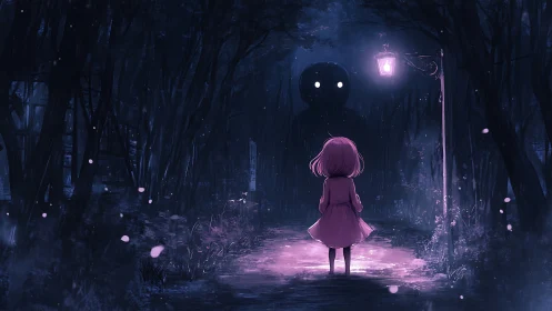 Girl under lamppost confronting glowing-eyed forest shadow.