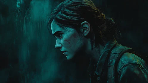Battle-hardened survivor in teal-lit, rain-soaked gloom.