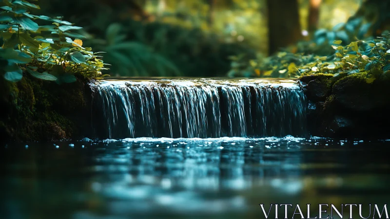 Calm forest stream waterfall with close flowing water detail.