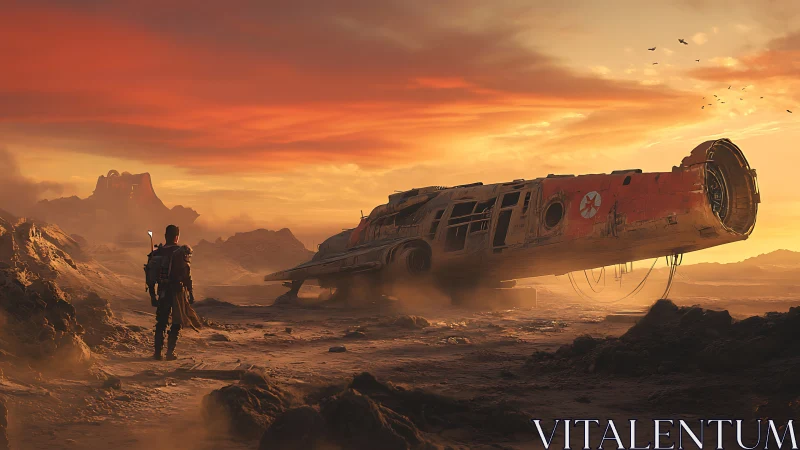Lone wanderer beside crashed starship at desert sunset.