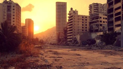 Golden hour over a quiet, crumbled city streetscape.