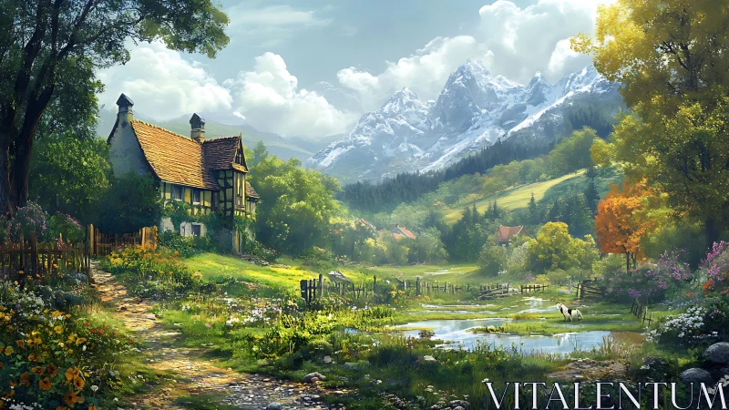 Cottage landscape with mountains, meadow stream and flowers.