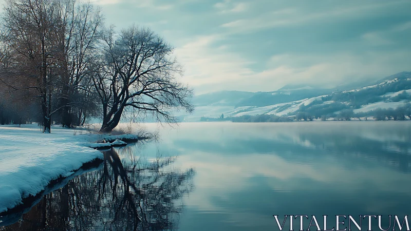 Calm winter lake shoreline with snowy trees and hills.