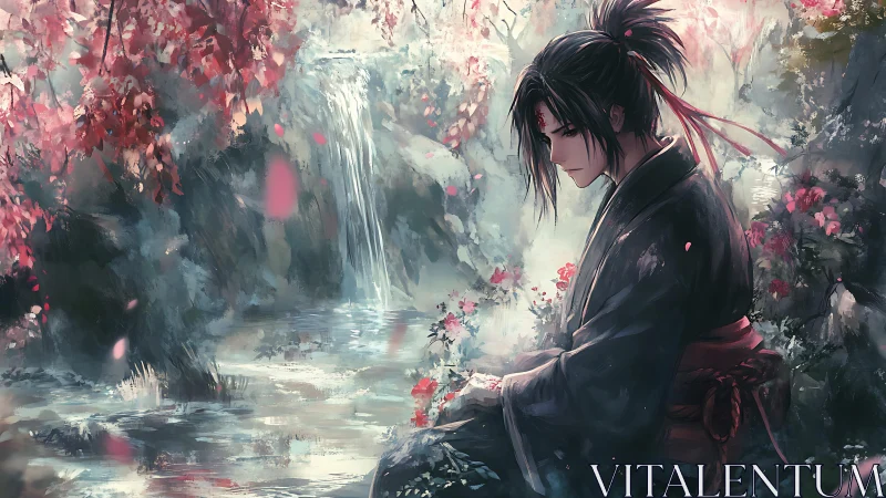 Quiet samurai daydream beside a misty blossom waterfall.