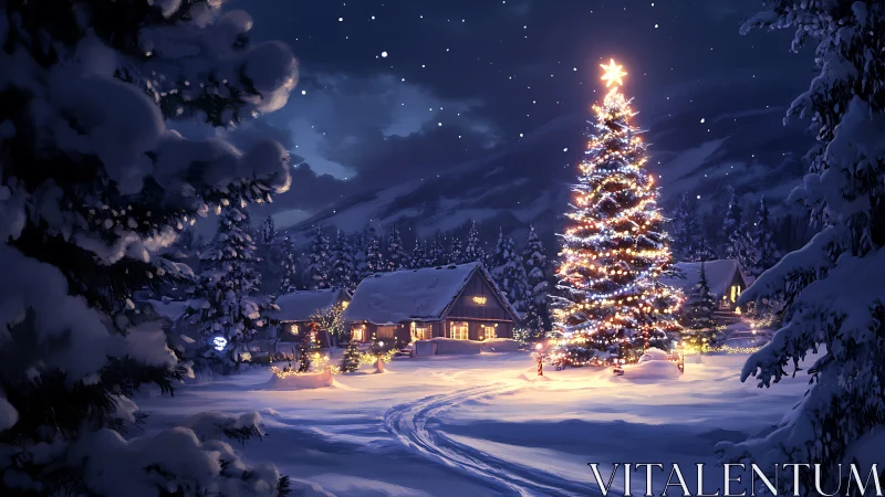 Snowy village glows around towering lit Christmas tree.