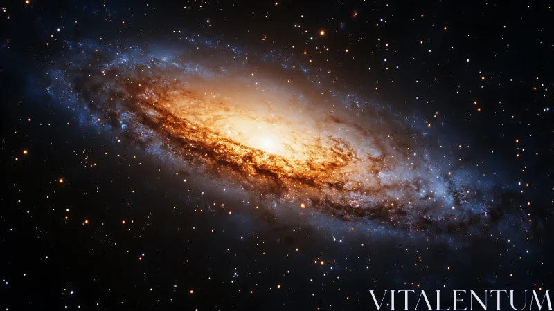 Spiral galaxy glows in dense star field of deep space.