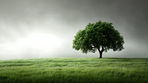 Solitary Green Tree in Lush Meadow Under Dramatic Cloudy Sky.