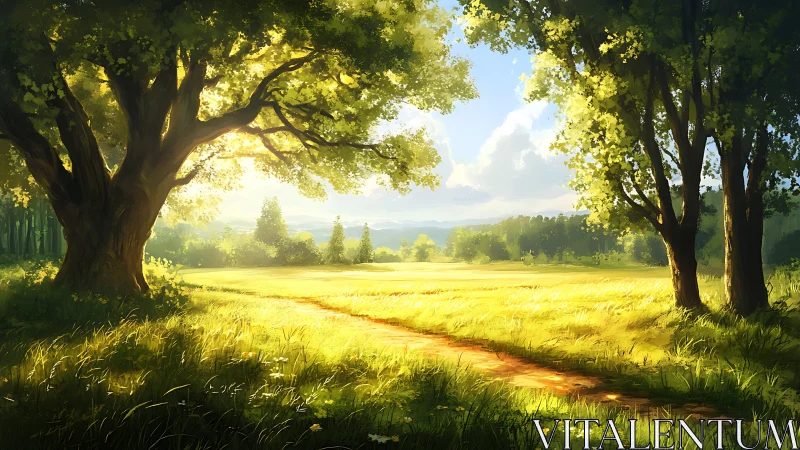 Sunlit tree-lined path through open grassy meadow field.