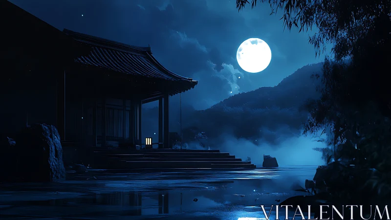 Moonlit temple veranda beside misty blue mountainscape.