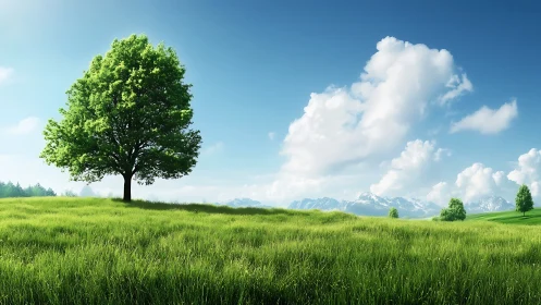 Solitary deciduous tree on sunlit meadow with alpine backdrop