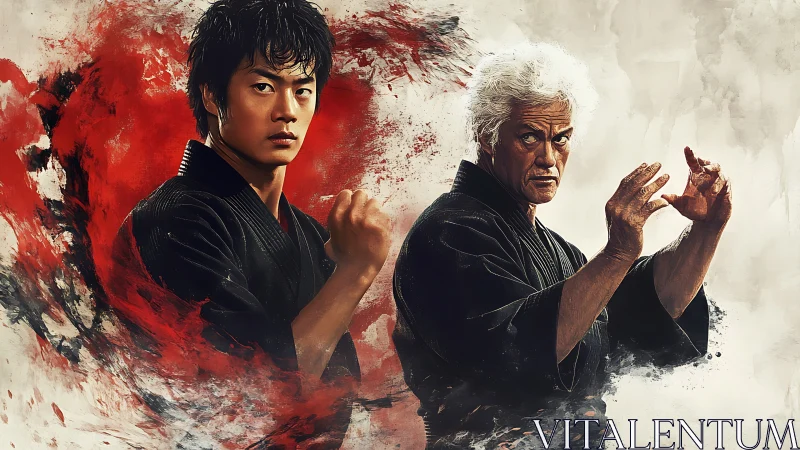 Martial arts student and mentor united in quiet strength.