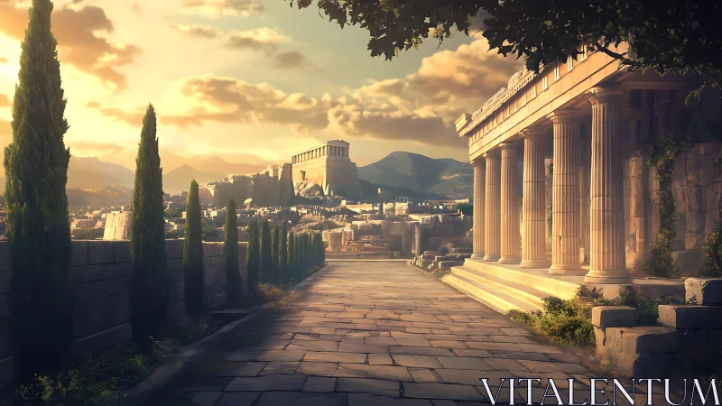 Golden evening light gently embraces an ancient Greek city