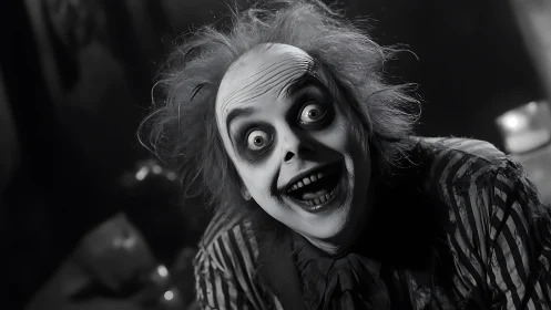 Wild-haired monochrome ghoul with exaggerated stare.