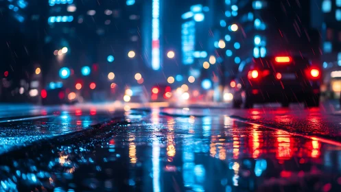 Neon city street at night with rain and car reflections.