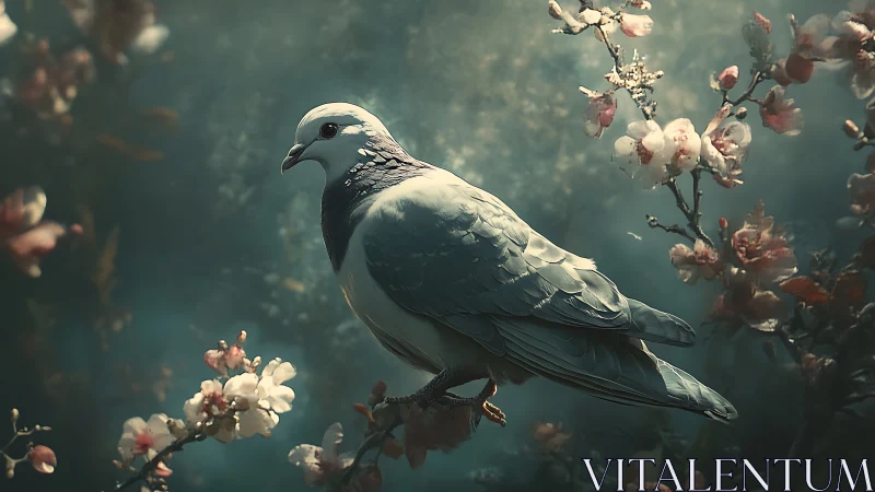 Elegant pigeon in dreamy spring garden, digital art style.