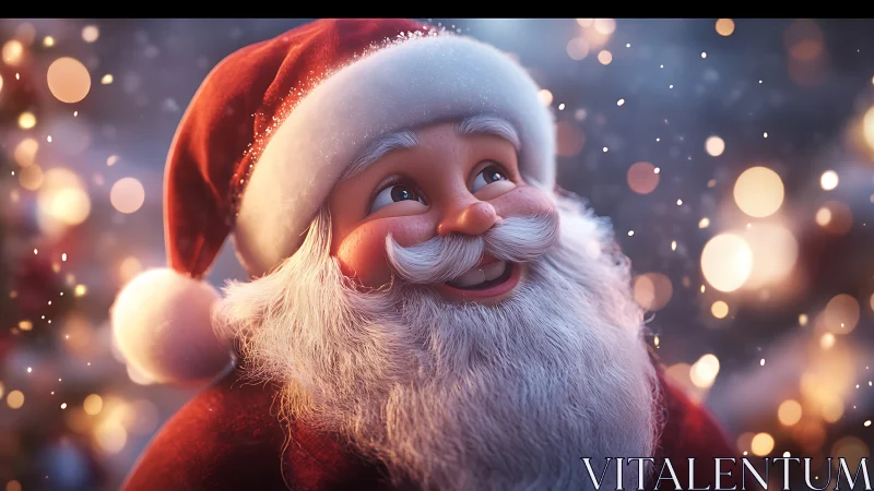 Snowflake confetti crowns a rosy-cheeked Santa in delight