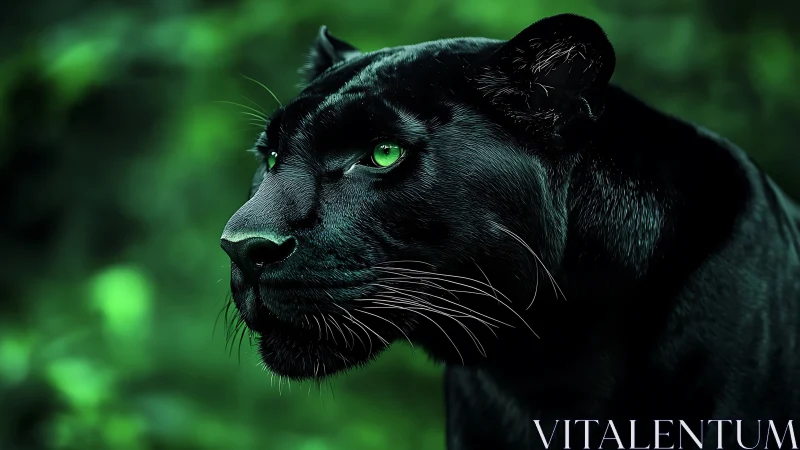Black Panther with Glowing Green Eyes in Forest.