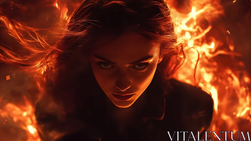 Intense female portrait framed by dynamic, backlit surrounding flames