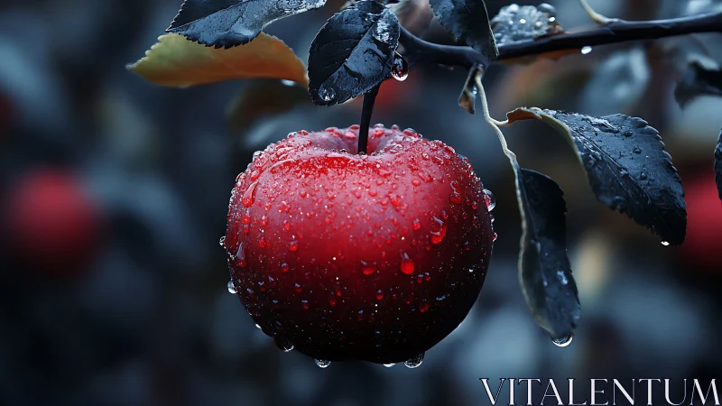 Red apple hangs after rainfall with cool-toned foliage