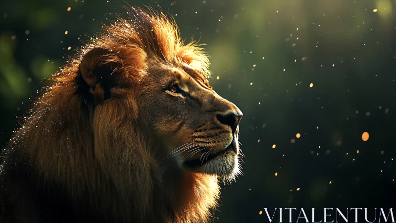 Majestic lion gazes into glowing dust under warm sunlight