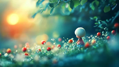 Childlike figure wanders glowing berry meadow at dawn.