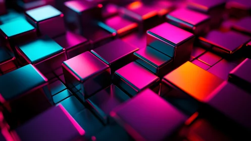 Futuristic metallic cubes in neon lighting, abstract digital art.