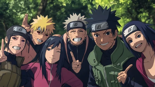 Leaf village squad selfie under sun-dappled forest canopy.