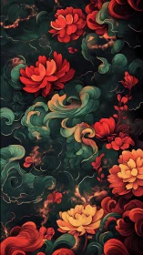 Floral forms and swirling foliage on dark abstract field.