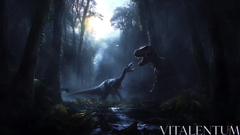 Moonlit dinosaur standoff deep in a misty primeval jungle.
