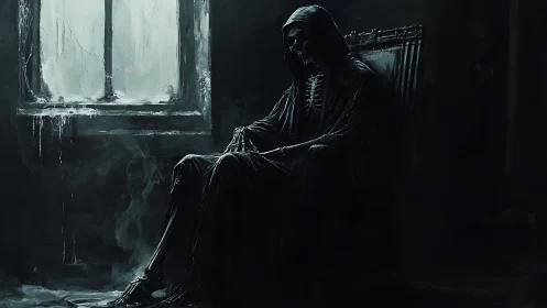 Hooded skeletal figure broods in dim chiaroscuro interior.