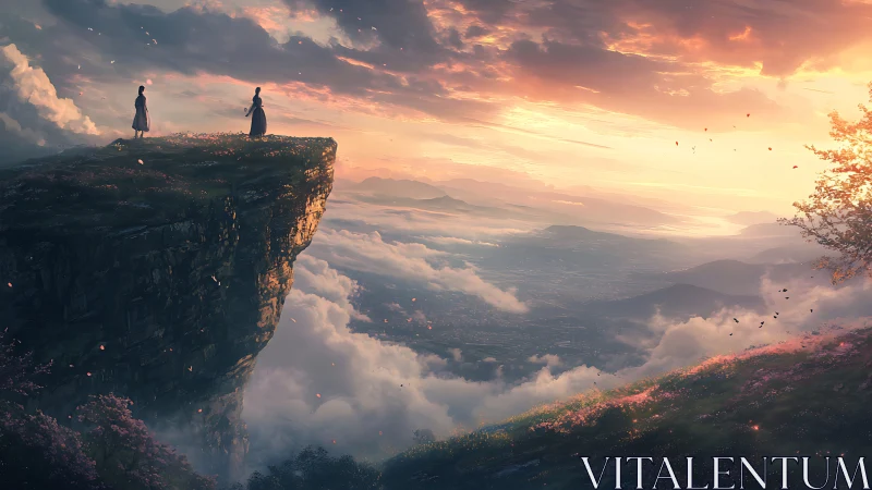 Two figures share a quiet farewell atop a glowing skycliff