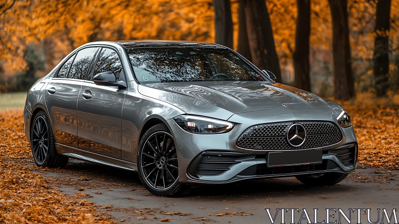 Graceful silver sedan rests calmly in a golden autumn park