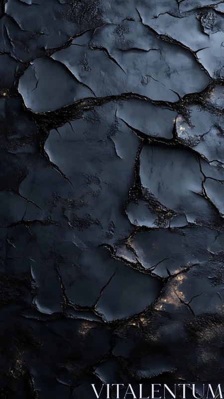 Cracked midnight lacquer quietly reveals buried molten glimmers