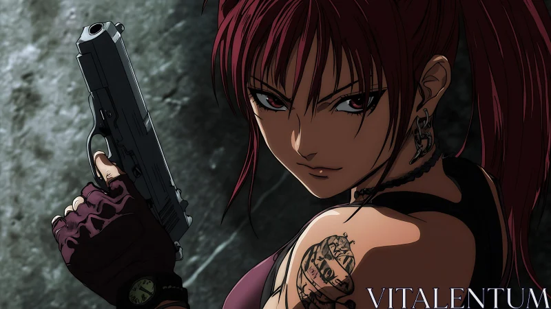 Armed tattooed woman holds pistol with intense side glare