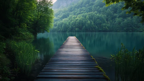 Silent wooden pier leading into misty emerald lakescape.