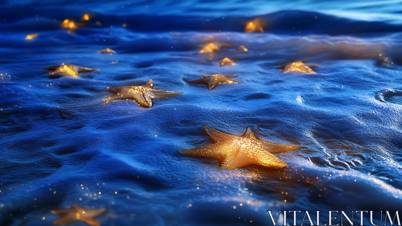 Golden starfish scattered on glowing blue shoreline.