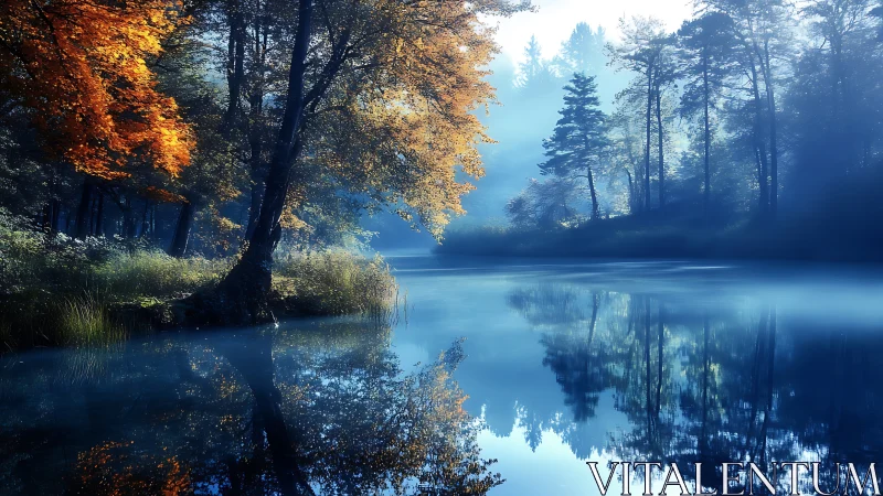 Golden autumn trees lean over a calm, misty blue river