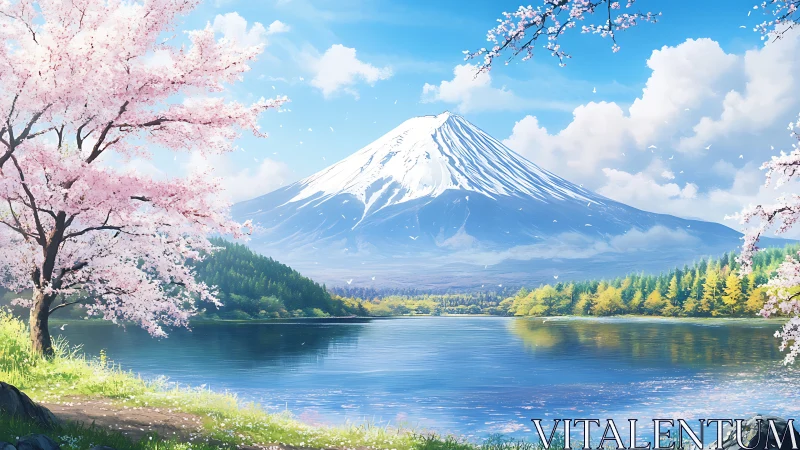 Snow-capped mountain overlooks lake framed by cherry trees