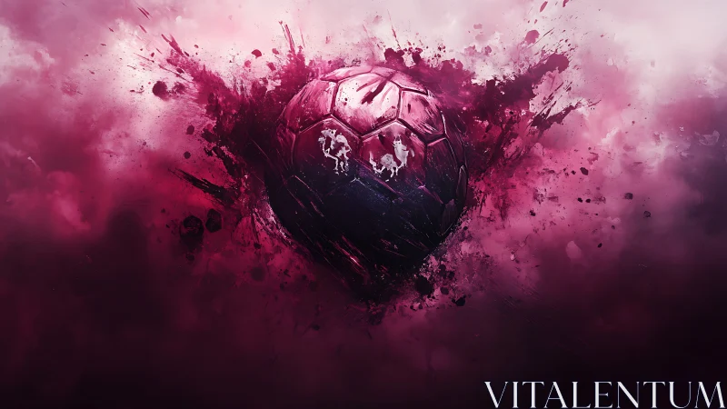 Exploding magenta soccer ball shatters through swirling clouds.