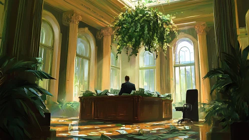 Executive in sunlit neo-classical office with lush foliage.